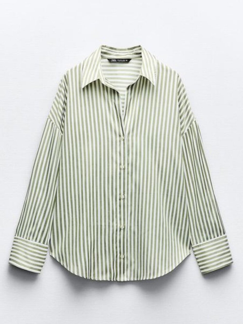 Zara Striped Poplin Shirt Green White Button Down Size M